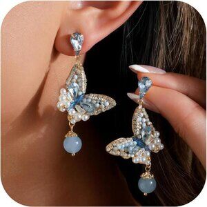 Blue Butterfly Crystal Drop Earrings – 14K Gold Plated Teardrop Dangles